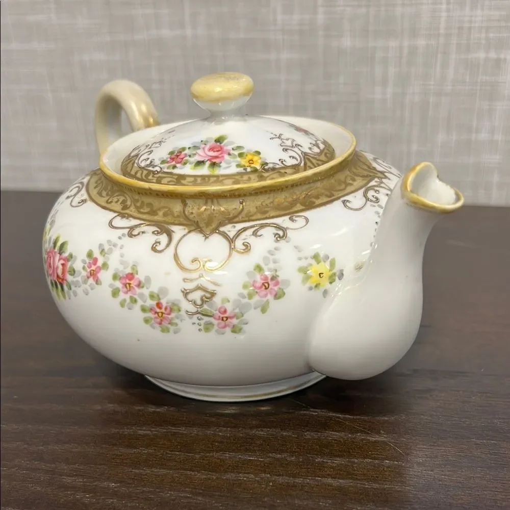 Antique Noritake Nippon Maple Leaf Teapot 1891 Hand Painted Gold Pink Roses
